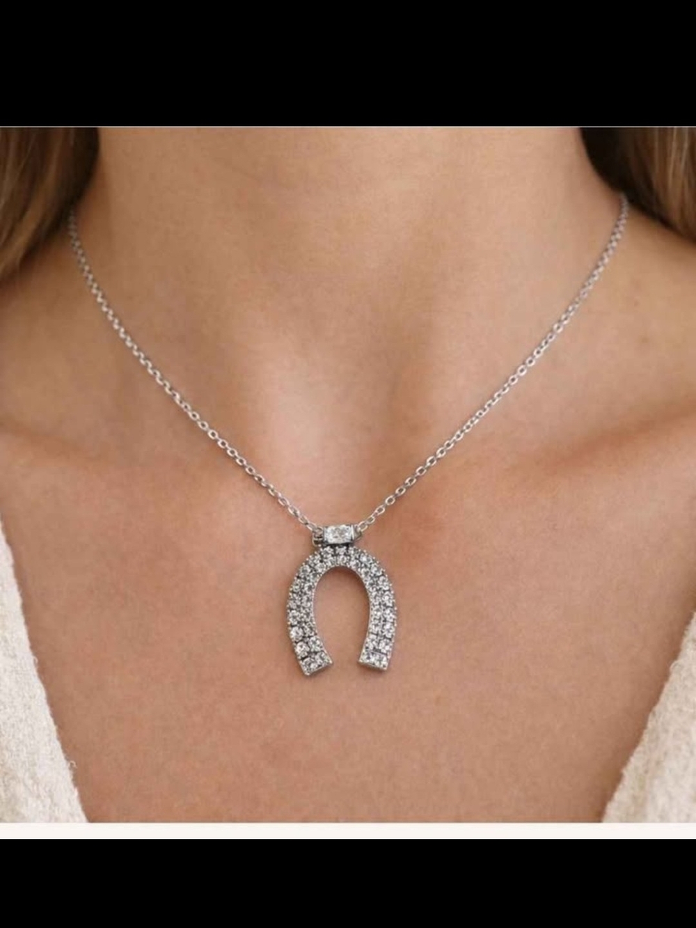 Silver Toned Pave Horseshoe Pendant Necklace - Women's Jewelry